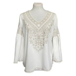 Chelsea & Theodore White Embroidered 3/4 Sleeve Tunic , Size Medium